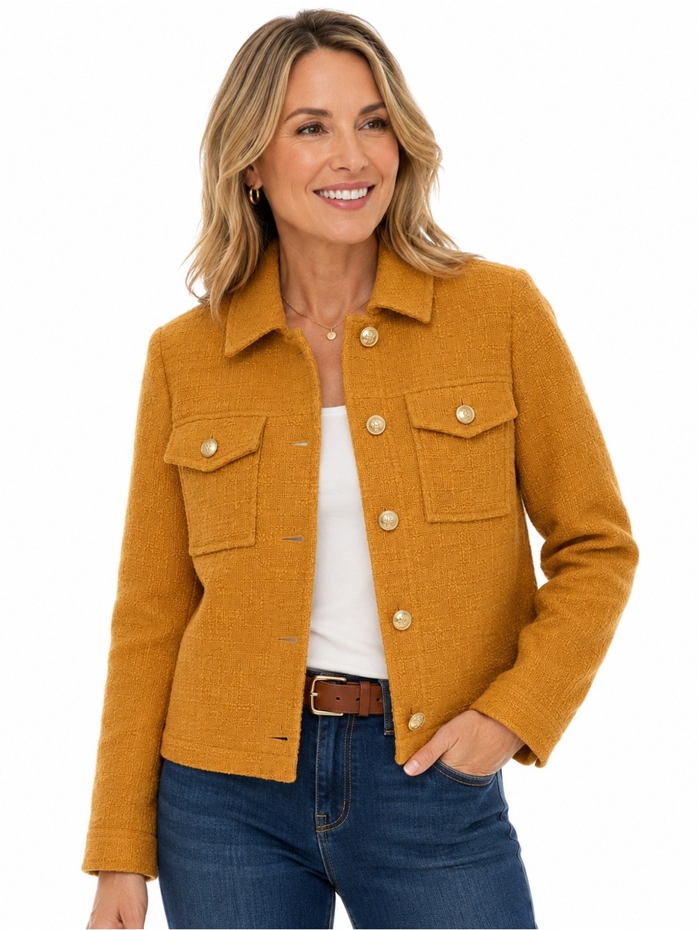 J Jill Textured Shirt Jacket Petite XS Mustard Gold Button Cotton Blend